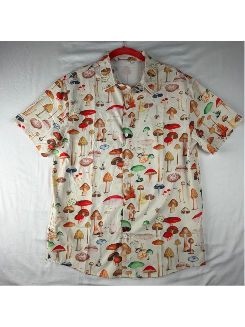 Botanical Mushroom Print Short Sleeve Button Up Shirt Men Small Fungi Goblincore